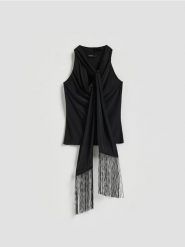 Bluzka z szalem - czarny. Czarne bluzki Reserved, l, bez wzorów, z tkaniny, bez kołnierzyka, bez ramiączek. Za 79.99 zł.