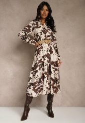 Brązowa Sukienka z Wiskozą o Koszulowym Kroju z Paskiem w Krowie Łaty Carlitia. Brązowe sukienki Renee, na spotkanie biznesowe, l, bez wzorów, z wiskozy, bez kołnierzyka, bez ramiączek, midi, koszulowe. Za 139.99 zł.