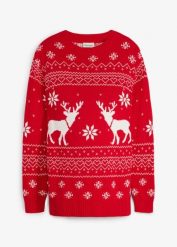 Sweter ciążowy na okres ciąży i po nim, z czystej bawełny organicznej. Czerwone swetry bonprix, bez wzorów, z bawełny, wizytowe, moda ciążowa, bez ramiączek. Za 149.99 zł.
