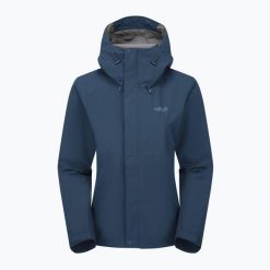 Kurtka przeciwdeszczowa damska Rab Downpour. Niebieskie kurtki przeciwdeszczowe RAB, xs, bez wzorów, bez kaptura. Za 569.99 zł.