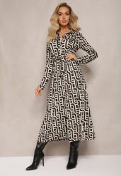 Beżowo-Czarna Koszulowa Sukienka Maxi w Geometryczny Print Gelismi. Brązowe sukienki Renee, m, bez wzorów, z materiału, bez kołnierzyka, bez ramiączek, maxi, koszulowe. W wyprzedaży za 151.99 zł.