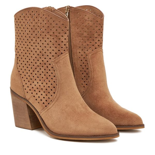 Botki DeeZee. Brązowe botki DeeZee, bez wzorów, bez obcasa, na słupku, bez zapięcia. Za 169.99 zł.