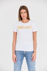JUST CAVALLI Biały t-shirt Logo Gold. Białe t-shirty Just Cavalli, s, bez wzorów, bez kołnierzyka, bez ramiączek. W wyprzedaży za 239.99 zł.
