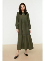 Trendyol Sukienka w kolorze khaki rozmiar: 34. Brązowe sukienki Trendyol, bez wzorów, bez kołnierzyka, bez ramiączek, maxi. Za 56.39 zł.