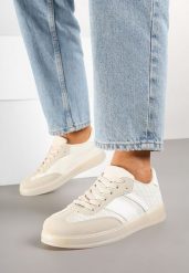 Beżowe Sneakersy Tenisówki z Geometrycznym Wzorem Eleamila. Brązowe trampki Born2be, z aplikacjami, z jeansu, eleganckie, bez zapięcia. W wyprzedaży za 84.99 zł.