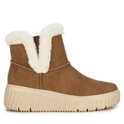 Botki Rieker. Brązowe botki Rieker, bez wzorów, bez obcasa, na płaskiej podeszwie, bez zapięcia. Za 287.00 zł.