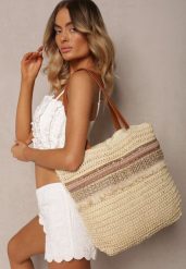 Beżowa Jednokomorowa Torebka Shopperka w Stylu Boho Wykończona Frędzlami Rivelae. Brązowe torebki klasyczne Renee, bez wzorów, z materiału, boho, na ramię, bez dodatków. W wyprzedaży za 38.99 zł.