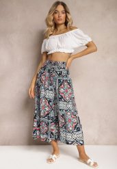 Granatowe Spodnie Kuloty z Bawełny High Waist z Gumką w Pasie Palovia. Niebieskie jeansy Renee, na lato, l, bez wzorów, z bawełny, z podwyższonym stanem. W wyprzedaży za 39.99 zł.