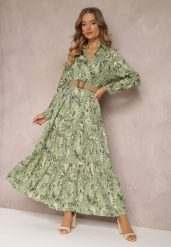 Jasnozielona Sukienka Maxi z Kołnierzykiem i Plecionym Paskiem Pertitus. Zielone sukienki Renee, l, z aplikacjami, eleganckie, bez kołnierzyka, bez ramiączek, maxi, kopertowe. Za 109.99 zł.