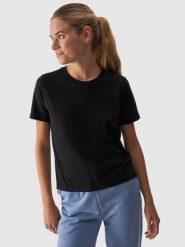 4F T-shirt regular gładki damski - czarny L. Czarne t-shirty 4f, l, bez wzorów, z bawełny, klasyczne, bez kołnierzyka, bez ramiączek. W wyprzedaży za 29.99 zł.