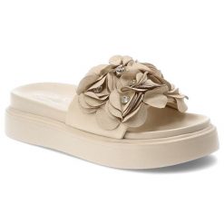 Klapki damskie S.Barski, cholewka ze skóry ekologicznej wsuwane z przodu ozdobne kwiaty, beżowe, MR61-9015. Brązowe klapki S.BARSKI, bez wzorów, ze skóry ekologicznej, wakacyjne, bez obcasa, bez zapięcia. Za 169.00 zł.