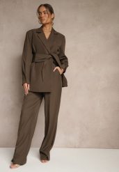 Brązowe Spodnie Garniturowe High Waist Annavia. Brązowe jeansy Renee, m, bez wzorów, z jeansu, eleganckie, z podwyższonym stanem. W wyprzedaży za 127.99 zł.
