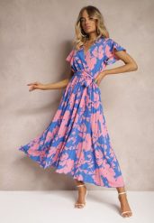 Niebiesko-Różowa Kopertowa Plisowana Sukienka Koktajlowa z Gumką i Paskiem w Talii Benelsea. Niebieskie sukienki Renee, m, bez wzorów, z materiału, eleganckie, bez kołnierzyka, bez ramiączek, maxi, dopasowane. W wyprzedaży za 75.99 zł.