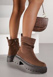 Brązowe Krótkie Botki z Marszczoną Cholewką i Platformą Caverine. Brązowe botki Renee, bez wzorów, z jeansu, bez obcasa, na platformie, bez zapięcia. Za 139.99 zł.