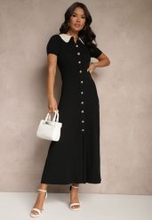 Czarna Wiskozowa Sukienka Rozkloszowana Retro z Guzikami i Kołnierzem Ardival. Czarne sukienki Renee, na co dzień, z aplikacjami, z materiału, eleganckie, bez kołnierzyka, bez ramiączek, maxi, proste. W wyprzedaży za 143.99 zł.