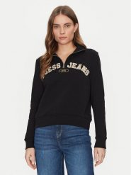 Guess Jeans Bluza W5RQ25 K68I4 Czarny Regular Fit. Czarne bluzy Guess Jeans, s, z aplikacjami, z bawełny, bez kaptura. Za 249.99 zł.