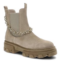 Botki damskie Karino, naturalna skóra zamszowa z elastyczną cholewką ozdobnym metalowym łańcuchem oraz masywną podeszwą, beżowe, 3952-001-P. Brązowe botki Karino, bez wzorów, ze skóry, klasyczne, bez obcasa, bez zapięcia. Za 339.00 zł.