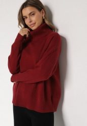 Bordowy Golf w Klasycznym Stylu Linagela. Czerwone swetry Born2be, bez wzorów, z jeansu, klasyczne, bez ramiączek. Za 89.99 zł.