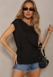 Czarny Top z Regulacją w Talii i Wiązaniem na Dole z Rozcięciem na Plecach Tiimaelin. Czarne topy Renee, m, bez wzorów, z jeansu, eleganckie, bez kołnierzyka, bez ramiączek. W wyprzedaży za 55.99 zł.