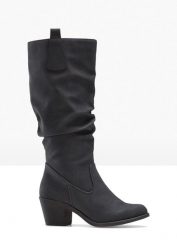 Kozaki. Czarne kozaki bonprix, bez wzorów, bez obcasa, bez zapięcia. Za 219.99 zł.