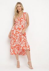 Pomarańczowa Rozkloszowana Sukienka z Wiskozy w Kwiaty z Gumką w Talii Eranea. Brązowe sukienki Born2be, l, bez wzorów, z jeansu, eleganckie, bez kołnierzyka, bez ramiączek, midi, rozkloszowane. Za 79.99 zł.
