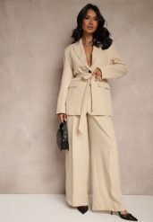Beżowe Szerokie Spodnie High Waist o Garniturowym Kroju z Zakładkami Uliadorea. Brązowe jeansy Renee, m, bez wzorów, z jeansu, eleganckie, z podwyższonym stanem. W wyprzedaży za 91.99 zł.