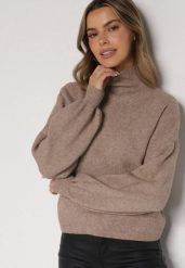Beżowy Golf z Bufiastymi Rękawami Wedelia. Brązowe swetry Born2be, l, bez wzorów, z jeansu, eleganckie, bez ramiączek. Za 69.99 zł.