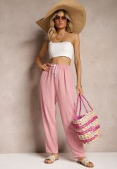Ciemnoróżowe Szerokie Spodnie z Bawełny ze Sznurkiem w Talii Vrumelia. Czerwone jeansy Renee, bez wzorów, z bawełny, eleganckie. W wyprzedaży za 20.99 zł.