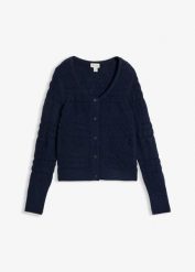 Sweter rozpinany ażurowy. Niebieskie swetry bonprix, w ażurowe wzory, eleganckie, bez ramiączek. Za 109.99 zł.