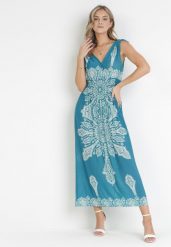 Zielona Sukienka w Stylu Boho z Gumką w Talii i Sznurkami przy Ramionach Niree. Zielone sukienki Born2be, na imprezę, l, bez wzorów, boho, bez kołnierzyka, bez ramiączek, maxi. Za 99.99 zł.