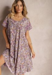 Fioletowa Rozkloszowana Sukienka z Wiskozy w Kwiaty Rivanira. Fioletowe sukienki Renee, bez wzorów, z materiału, bez kołnierzyka, bez ramiączek, midi, rozkloszowane. W wyprzedaży za 55.99 zł.