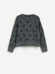 Sweter z ozdobnymi aplikacjami - ciemnoszary. Szare swetry Reserved, l, z aplikacjami, z dzianiny, bez ramiączek. Za 139.99 zł.