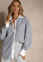 Biało-Czarna Wiskozowa Koszula Oversize z Kieszenią i Metalicznymi Aplikacjami Liseloria. Czarne koszule Renee, s, z aplikacjami, z jeansu, eleganckie, bez kołnierzyka, bez ramiączek. W wyprzedaży za 99.99 zł.