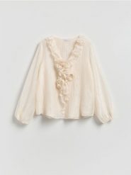 Bluzka z falbaną - złamana biel. Bluzki Reserved, l, bez wzorów, z tkaniny, bez kołnierzyka, bez ramiączek. Za 159.99 zł.