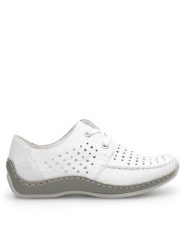 Rieker Półbuty L1716-80 Biały. Białe półbuty wsuwane Rieker, bez wzorów, ze skóry, bez obcasa, na płaskiej podeszwie. Za 299.99 zł.