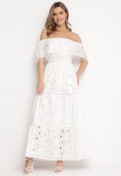 Biała Bawełniana Sukienka Maxi w Stylu Boho Ozdobiona Ażurowym Haftem Hellvia. Białe sukienki Born2be, w ażurowe wzory, z bawełny, boho, bez kołnierzyka, bez ramiączek, maxi, rozkloszowane. W wyprzedaży za 127.49 zł.