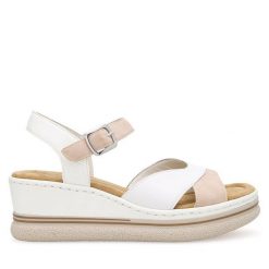 Sandały Rieker. Białe sandały Rieker, bez wzorów, bez obcasa, na koturnie, bez zapięcia. Za 329.99 zł.