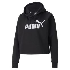 Damska bluza o skróconym kroju z kapturem z logo Essentials PUMA Black. Czarne bluzy z kapturem Puma, na zimę, l, bez wzorów, z kapturem. W wyprzedaży za 178.40 zł.