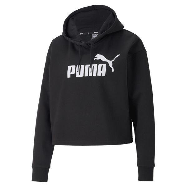 Damska bluza o skróconym kroju z kapturem z logo Essentials PUMA Black. Czarne bluzy z kapturem Puma, na zimę, l, bez wzorów, z kapturem. W wyprzedaży za 178.40 zł.