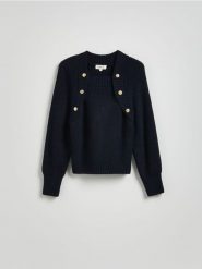 Sweter z raglanowymi rękawami - granatowy. Niebieskie swetry Reserved, l, bez wzorów, z dzianiny, bez ramiączek. W wyprzedaży za 119.99 zł.