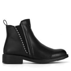 Botki JENNY. Czarne botki Jenny, bez wzorów, bez obcasa, na płaskiej podeszwie, bez zapięcia. Za 149.99 zł.