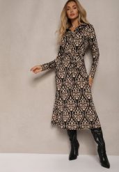 Czarno-Beżowa Sukienka o Koszulowym Fasonie w Ornamentalny Wzór Mesiena. Czarne sukienki Renee, na co dzień, l, bez wzorów, z wiskozy, eleganckie, bez kołnierzyka, bez ramiączek, midi, dopasowane. W wyprzedaży za 143.99 zł.