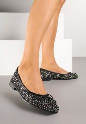 Czarne Balerinki z Siateczkową Cholewką Ozdobione Cyrkoniami i Kokardą Abbona. Czarne baleriny Renee, bez wzorów, z jeansu, eleganckie, bez obcasa, bez zapięcia. Za 89.99 zł.