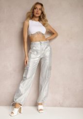 Srebrne Metaliczne Spodnie Bojówki z Kieszeniami Honna. Szare jeansy Renee, l, bez wzorów, z jeansu, eleganckie. W wyprzedaży za 143.99 zł.