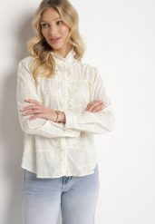 Beżowa Bawełniana Koszula z Falowaną Stójką i Haftem Danilsa. Brązowe koszule Born2be, l, bez wzorów, z bawełny, bez kołnierzyka, bez ramiączek. W wyprzedaży za 119.99 zł.