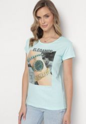 Miętowy Bawełniany T-shirt z Prostokątnym Nadrukiem i Brokatem Silpa. Zielone t-shirty Born2be, l, bez wzorów, z bawełny, bez kołnierzyka, bez ramiączek. Za 69.99 zł.