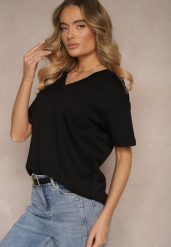 Czarny T-shirt z Dekoltem w Serek Fonellea. Czarne t-shirty Renee, l, bez wzorów, z jeansu, bez kołnierzyka, bez ramiączek. W wyprzedaży za 39.99 zł.