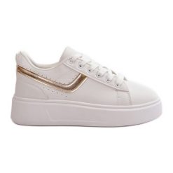 Trampki Sneakersy Damskie Na Platformie Z Eko Skóry Biało-Złote Brennessa białe. Białe trampki bez wzorów, ze skóry, klasyczne, bez zapięcia. Za 115.92 zł.