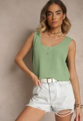 Jasnozielony Top z Bawełną Ozdobiony Guzikami Ulosiella. Zielone topy Renee, l, bez wzorów, z bawełny, eleganckie, bez kołnierzyka, bez ramiączek. W wyprzedaży za 31.99 zł.