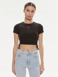 Tommy Jeans T-Shirt DW0DW17902 Czarny Slim Fit. Czarne t-shirty Tommy Jeans, xl, bez wzorów, z jeansu, bez kołnierzyka, bez ramiączek. Za 129.99 zł.